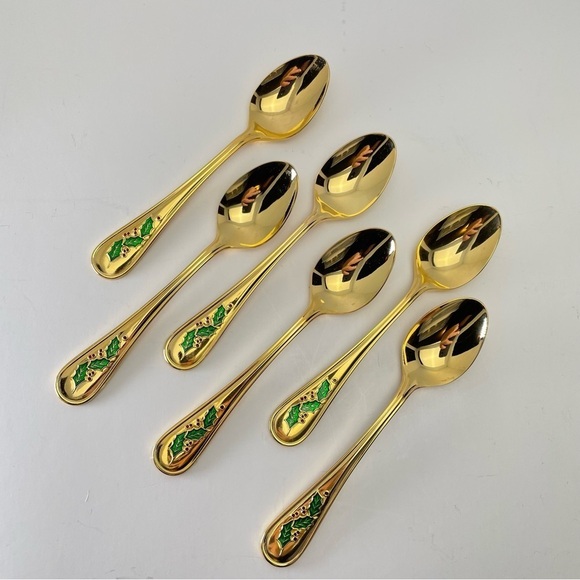 Retroneu Japan 24 k gold plated Spoons desert/appetizer Christmas Holly Design - Picture 6 of 14